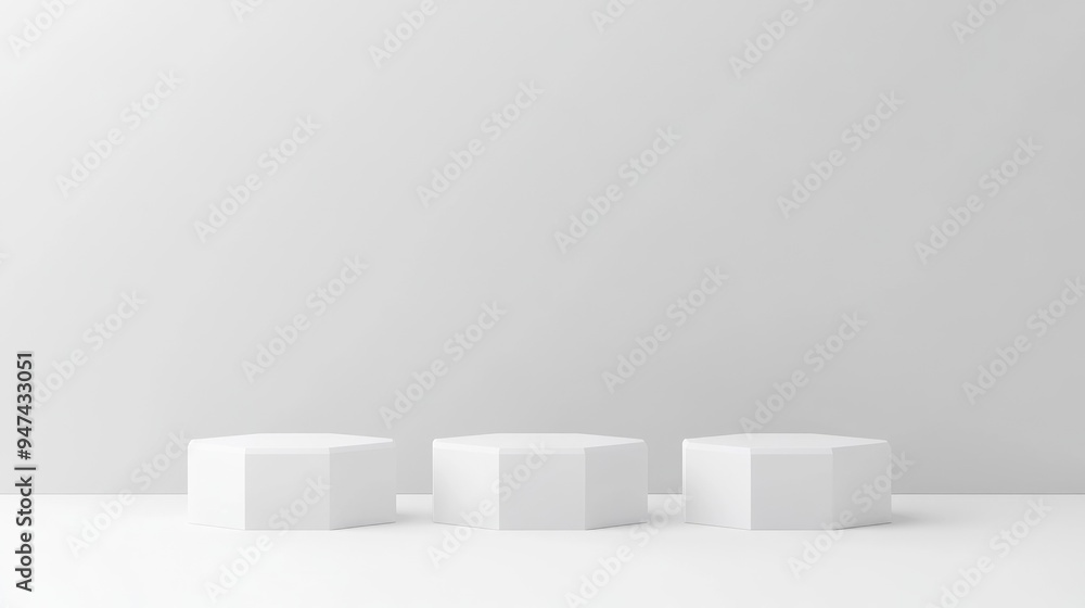 Aufkleber three blank white hexagon pedestals with a white background 3d illustration for product presentation