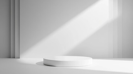 Abstract minimalist white background featuring an empty soft podium vacant pedestal round stage showcase stand product display and blank board in a 3D rendering