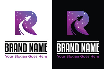 simple modern letter r with rocket stars logo design vector illustration