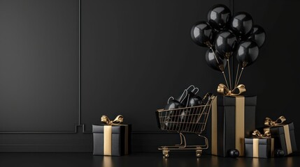 A birthday gift package with balloons and presents.