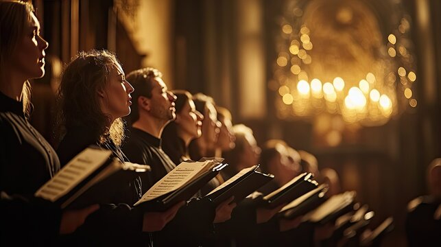 A church choir singing during a service, voices raised in harmony.