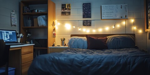 Cozy Dorm Room with String Lights and Bed