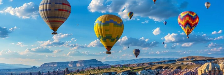 Fototapeta premium Balloon Tourism, Air Balloons in Sky, Mountain Landscape with Ballooning, Turkey Landscape