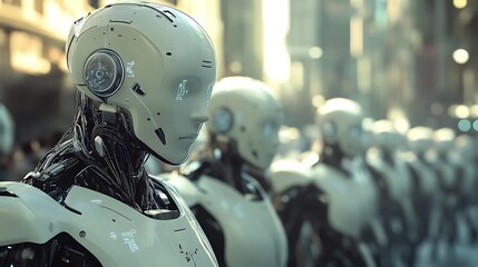 Fototapeta premium A Line of White Robots in an Urban Setting