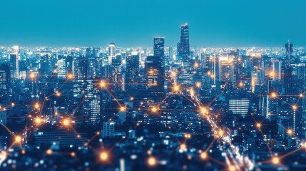 Obraz premium Night Cityscape with Connected Network Lights