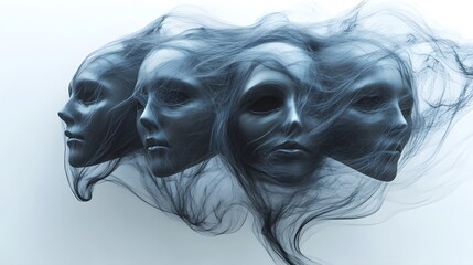 Wisps of ghostly energy surrounding Halloween masks, eerie and translucent, 3D rendering, glowing softly, isolated on white background