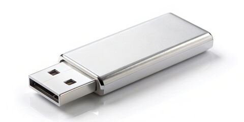 A close-up shot of a sleek and compact USB stick on a white background, technology, storage, data, memory, hardware, gadget