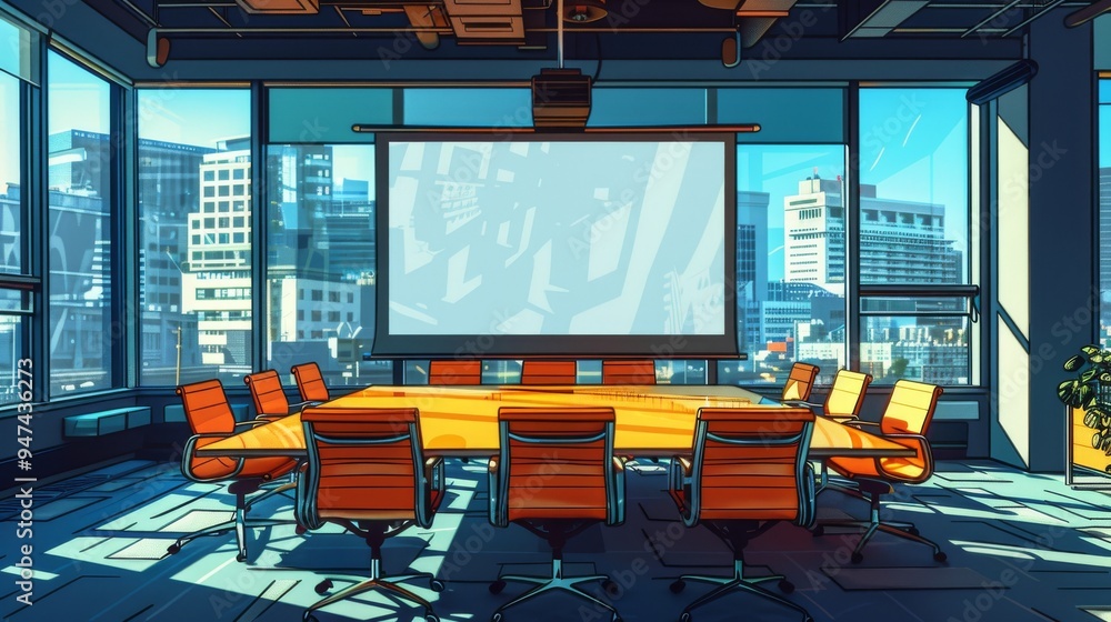 Poster cartoon vector training program outline displayed on a large screen in a conference room