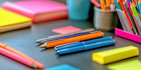 Colorful Pens and Office Supplies on Desk