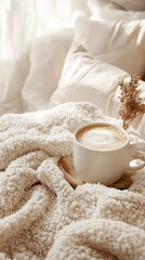 Mug with steaming beverage in light brown tones. AI generative