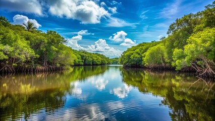 Tranquil mangrove swamp view out to the coast in Bahia, Brazil, mangrove, swamp, coast, Bahia, Brazil, tranquil, scenic, view