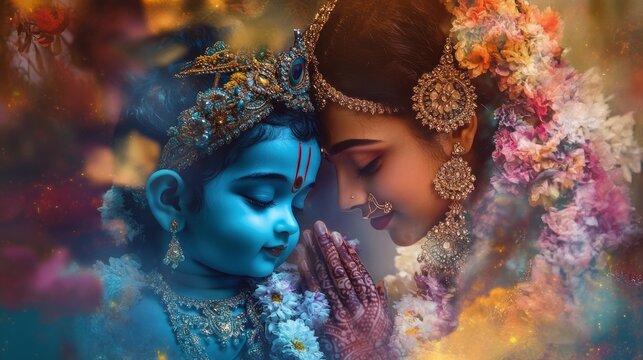 Baby Krishna as ladoo goal, Krishna as a warrior, Krishna as a guide for pandavas, Krishna as a lover for gopi and radha, Krishna as makhan chor with mother yashoda. Make a Collage