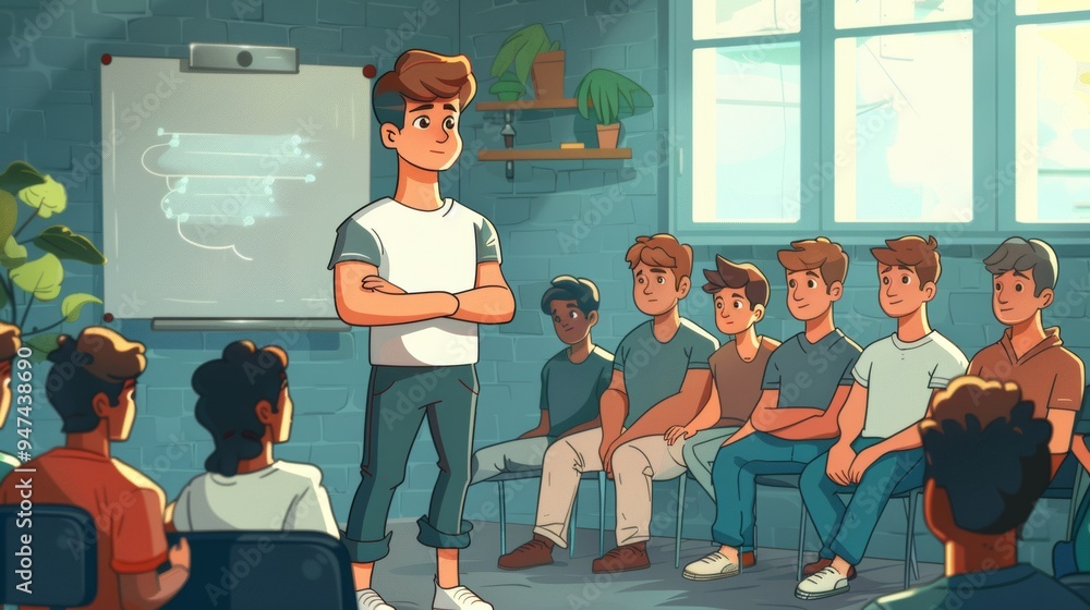 Poster cartoon vector coach demonstrating skills and techniques to trainees in an interactive session