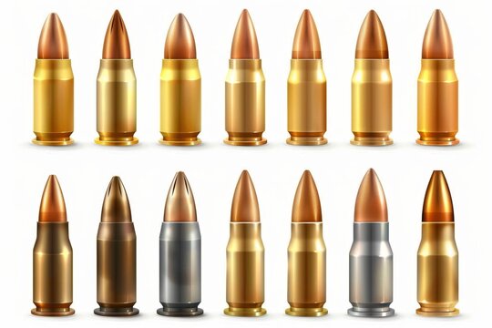 Bullet icon, metal shell symbol, military cartridge, metal gun sleeve, weapon sign, bullets isolated