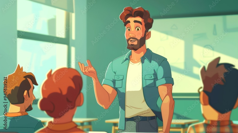 Poster cartoon vector coach demonstrating skills and techniques to trainees in an interactive session