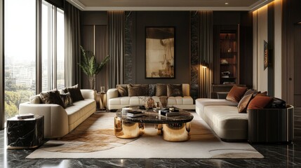 Fototapeta premium A high-end penthouse living room with contemporary furniture and chic decor, offering an upscale vibe.