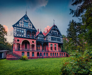 Stunning morning view of Gelbensande Castle, Germany, Europe. Amazing summer sunrise of Rostock...