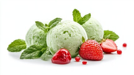 Ball of ice ream with mint and strawberry on white background
