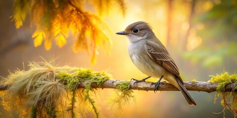 Obraz premium A Dusky Flycatcher perches on ancient cypress branch, warmly lit by sun's rays, its gray feathers, yellow wing bars, and creamy beak exuding serenity.