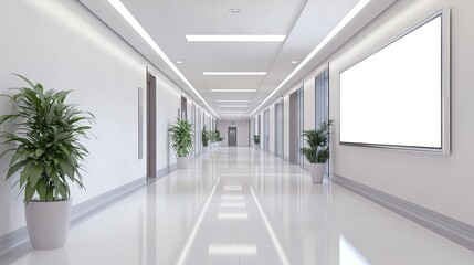 Fototapeta premium A hospital lobby with a spacious blank billboard, surrounded by clean lines and bright, clinical lighting.