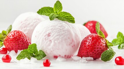 Ball of ice ream with mint and strawberry on white background
