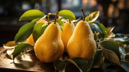 Yellow pomegranates resting on green leaves,