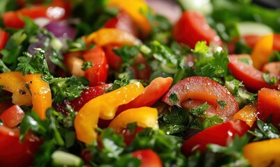 Close-up of a fresh salad with tomatoes, peppers, and parsley.