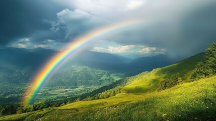 Obraz premium A lush green valley illuminated by a bright double rainbow, captured in the calm after a summer storm.