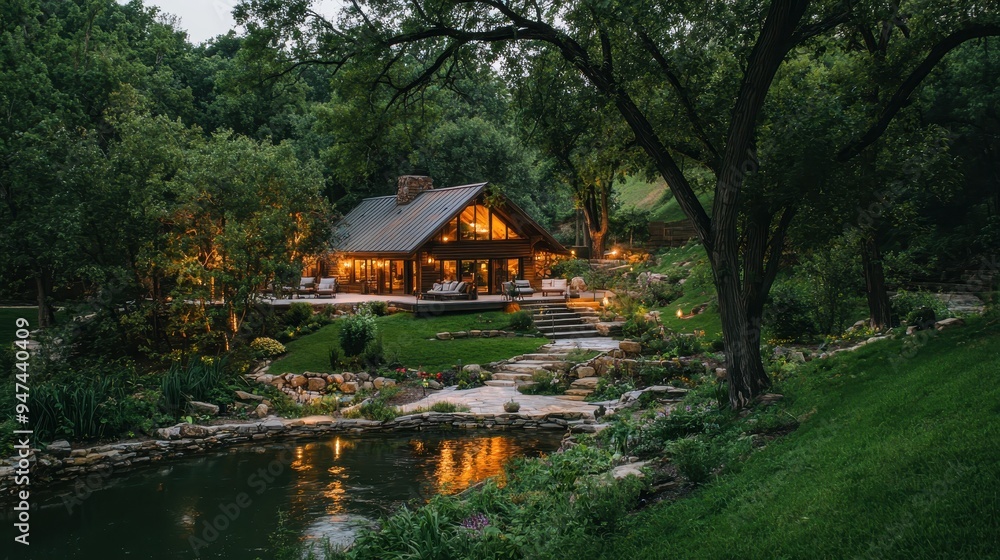 Wall mural Cozy Cabin in the Woods with Pond and Stone Path at Dusk