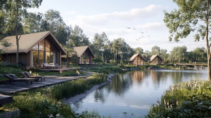 Fototapeta premium Modern Cabins on Lake in Forest