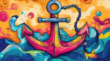 Obraz premium Hand drawn cartoon anchor illustration featuring vibrant colors created in a playful and whimsical comic style