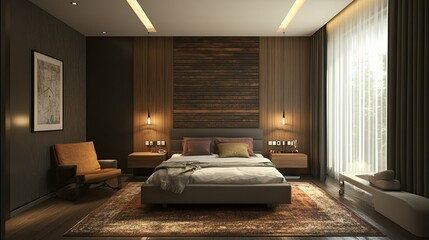 A modern bedroom with rustic elements and an artistic wall panel, creating a unique blend of styles.