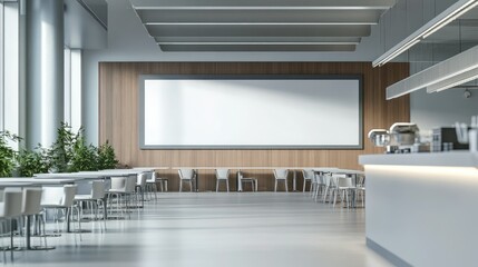 A modern hospital cafeteria with a large blank billboard, surrounded by tables and bright lighting.