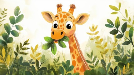 Obraz premium Playful cartoon giraffe munching on green leaves in a whimsical children s illustration