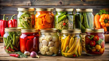 Preserving jars filled with an assortment of marinated pickles including green beans, squash