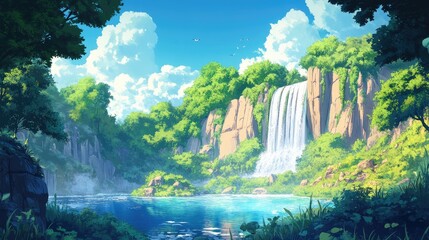 Fototapeta premium 2D cartoon style artwork featuring a natural aesthetic Experience the authentic beauty of nature in this vibrant anime wallpaper optimized for 4K resolution