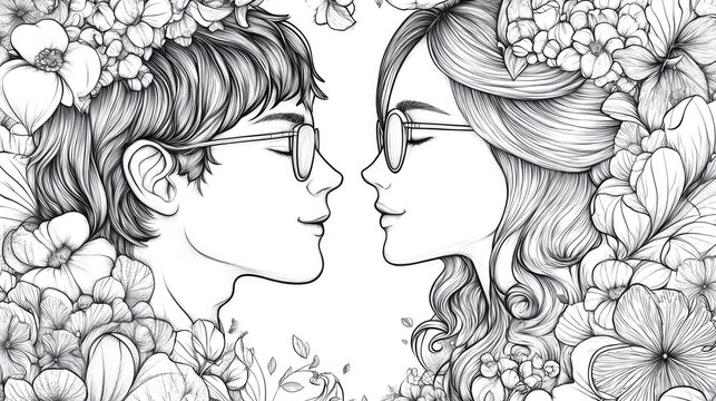 2D cartoon style romantic coloring page designed for adults perfect for celebrating love on Valentine s Day