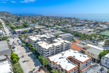 Aerial view over La Jolla with big villas and ocean in the background, San Diego, California, USA