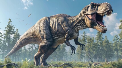 Tyrannosaurus Rex in its natural habitat, showing its size and Mesozoic features.