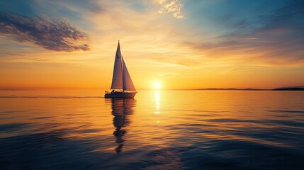 Fototapeta premium A sailboat gliding on tranquil waters at golden hour, with its silhouette outlined against a glowing sunset.