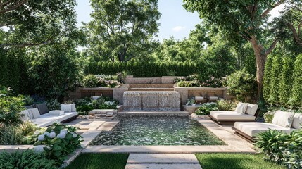 Luxury Backyard Oasis with Waterfall Pool and Lounge Chairs