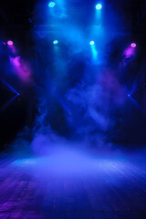 Naklejka premium Empty Stage with Dramatic Blue and Purple Lighting and Smoky Atmosphere for Performance or Event