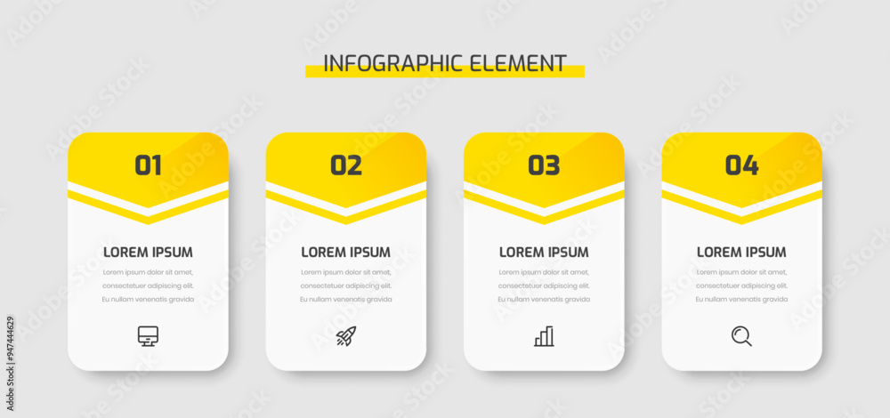 Aufkleber business infographic template presentation rectangle label with yellow color 4 numbers and icons
