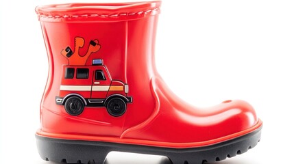 Fototapeta premium Red Rubber Boot with Fire Truck Design