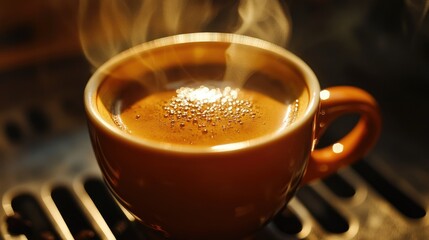 A steaming cup of espresso, with its deep, bold flavor evident in the dark liquid.