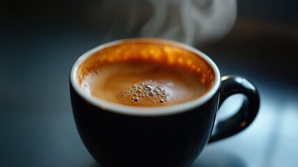 A steaming cup of espresso, with its deep, bold flavor evident in the dark liquid.