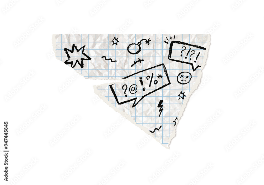 Poster piece of page with black color swear symbols. dialog text boxes written by wax crayon on jagged whit