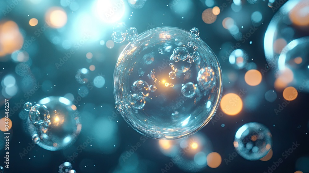 Aufkleber a surreal scene of glowing molecules and floating bubbles, representing the intersection of science 