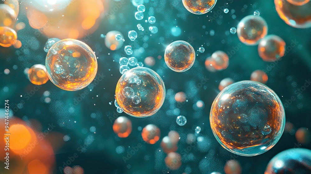 Poster a surreal scene of glowing molecules and floating bubbles, representing the intersection of science 