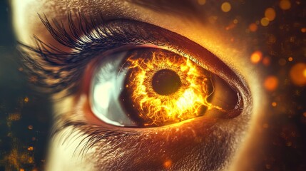 A striking, close-up image of an eye that appears to be filled with intense, fiery energy. The iris glows with a radiant, molten, golden-orange hue, giving the impression of an inner flame or explosio